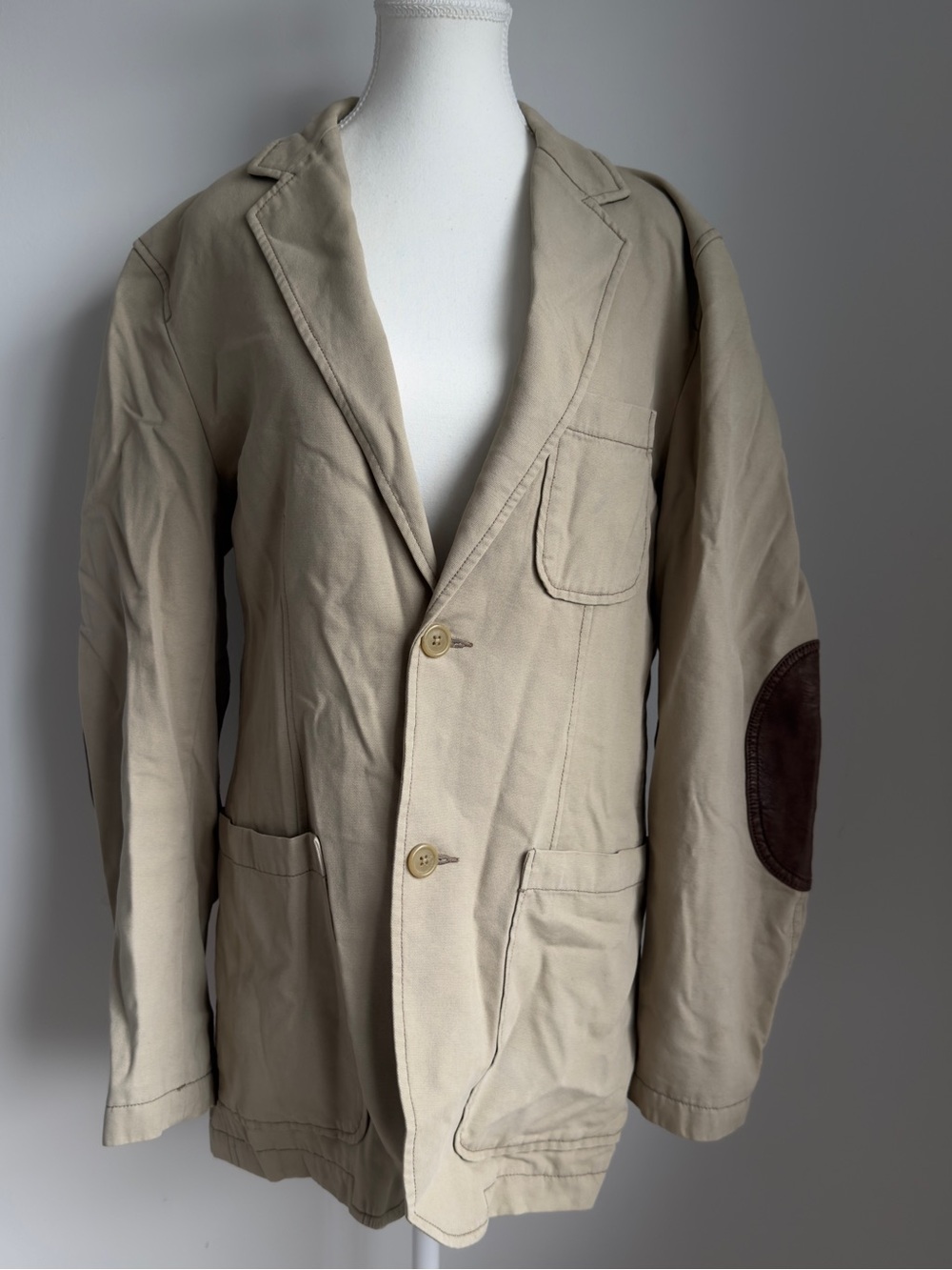 Men's Beige Blazer with Brown Elbow Patches